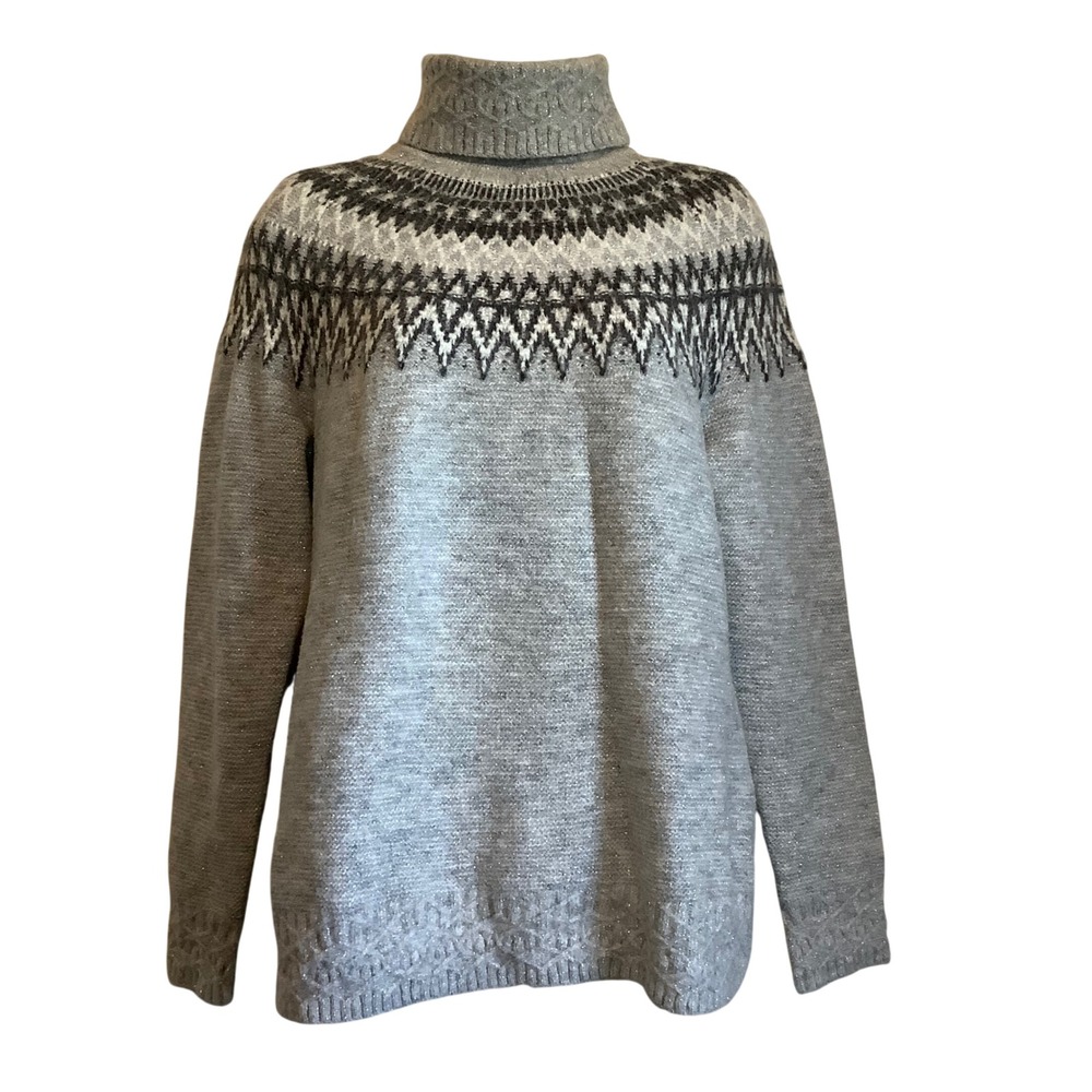 Talbots Petite Grey Metallic Fair Isle Turtleneck Sweater MP JO5161 06/24